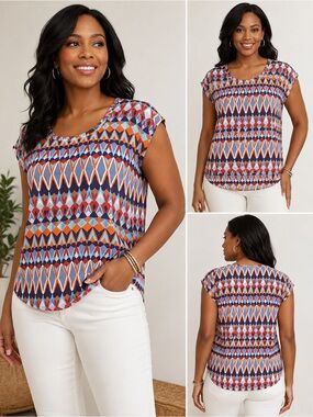 J. Crew Geometric Print Cap Sleeve Blouse Size 12 NWT Blue Orange Retro Top